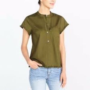 J Crew hunter green button-up blouse with ruffles